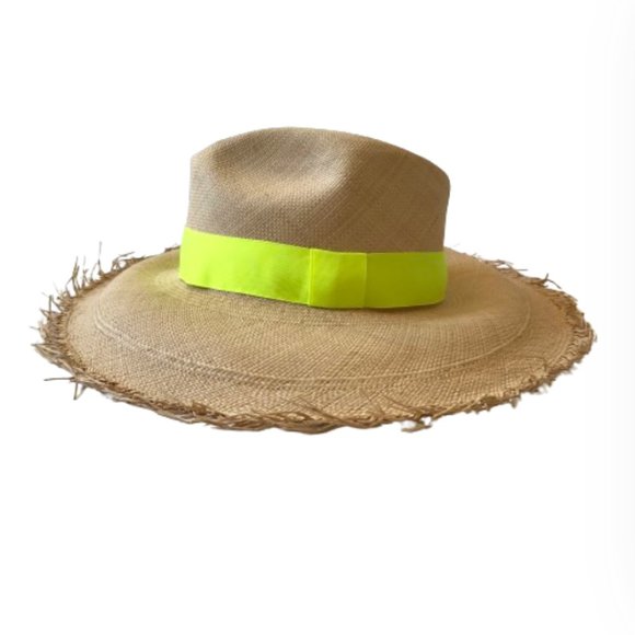 Artesano Mandarin Wide Brim Hat Womens Beige Neutral Straw Woven Yellow Ribbon - Picture 1 of 11